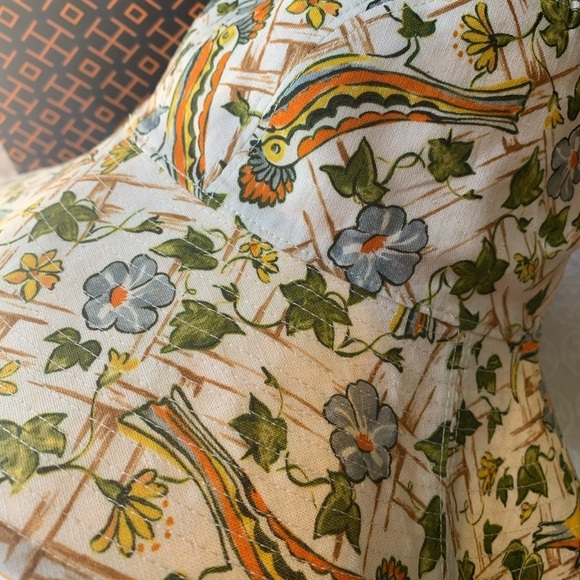Tory Burch Printed Bucket Hat Reversible Yellow Bird Print Basket Weave - Picture 2 of 6